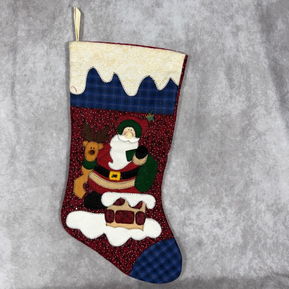 Vtg Country Christmas Stocking 3D Santa Applique Patchwork Plaid Rustic Cottage
